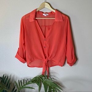 Agaci Sheer Front Tie Blouse Medium Orange Coral